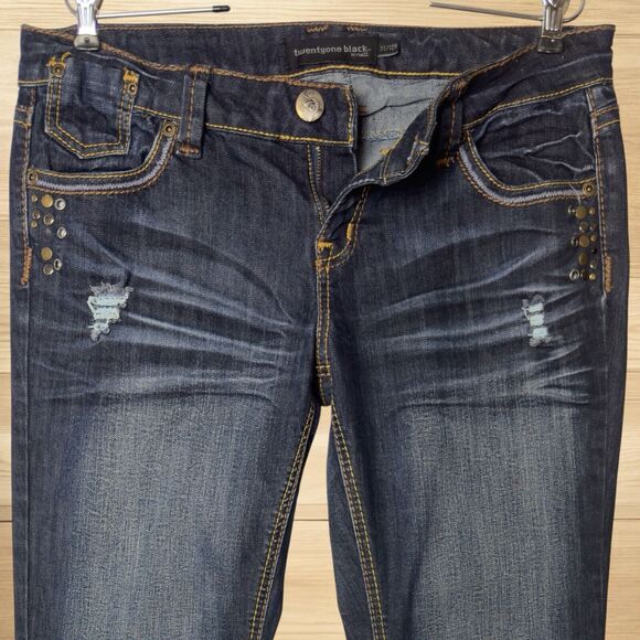 Slim Boot Low Rise Jeans Dark Wash Women 11/12R Thick Stitch Studs Whiskers Fade - Picture 8 of 16